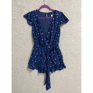 Francesca's Blue Rain Romper Womens XS Blue Star Print Belted Surplice Neck